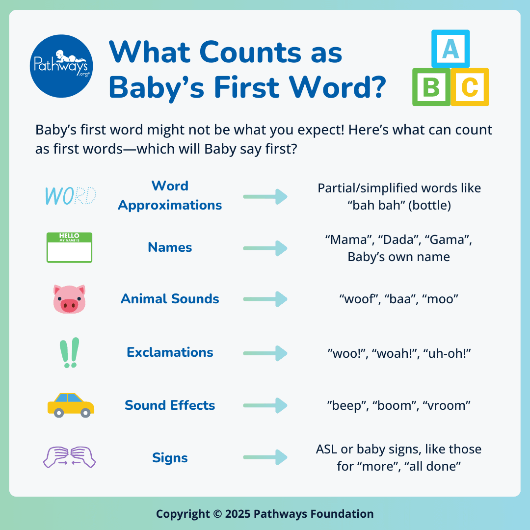 Infographic listing all the things that can count as Baby’s first word, like word approximations, names, and animal sounds, with cartoon graphics and examples to go with them.