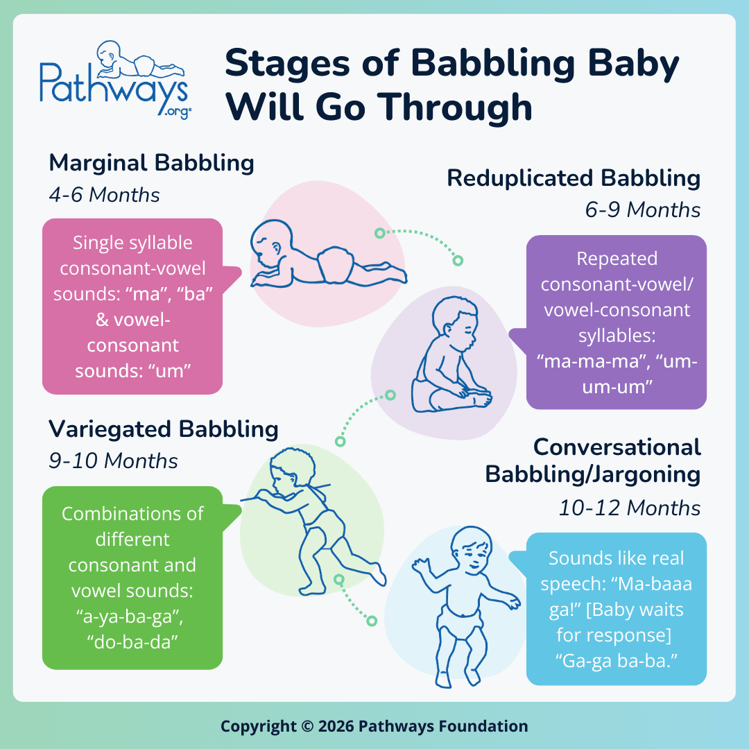 Infographic showing the four stages of baby babbling, from marginal to conversational babbling, with sketch-style baby graphics and speech bubbles containing examples.