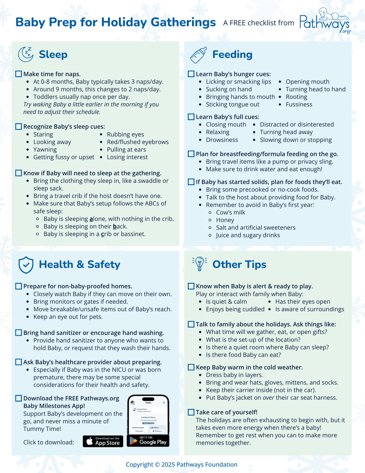 Free downloadable checklist from Pathways.org titled “Baby Prep for Holiday Gatherings”. The checklist has a snowflake-patterned background and four blue and green panels with sections on sleep, feeding, health & safety, and other tips.