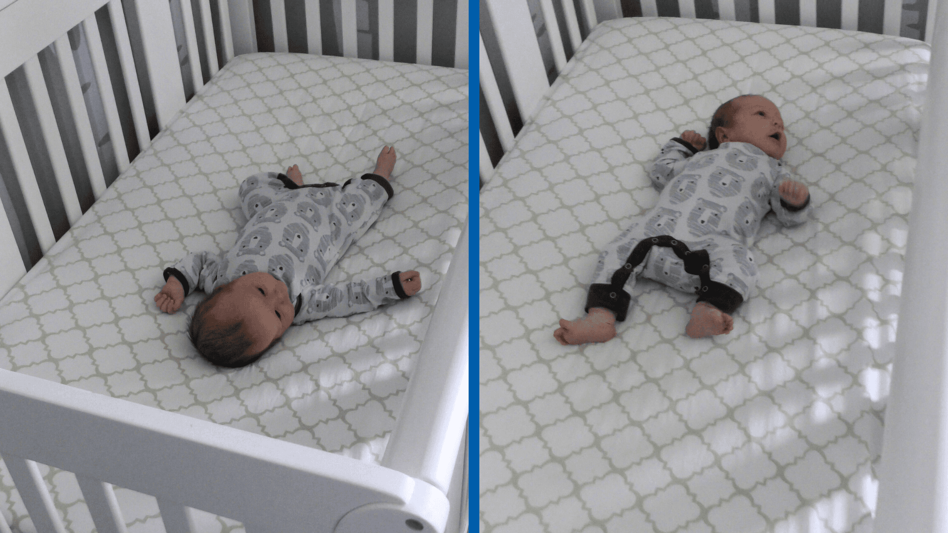 Side-by-side images showing a baby boy in a white crib with his head pointed to the left side (left image) and to the right side (right image), demonstrating the Baby 180°.