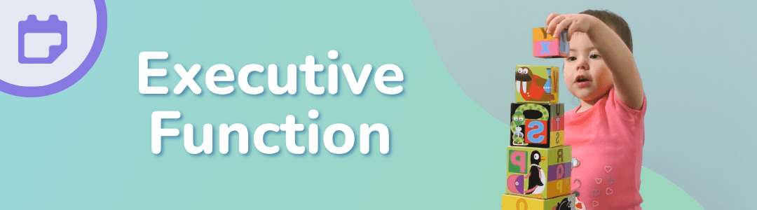 Hero image with the words Executive Function next to a photo of a toddler stacking blocks.