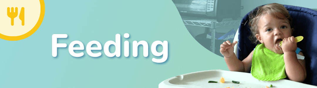 Hero image with the word Feeding next to a photo of a baby spoon-feeding himself.